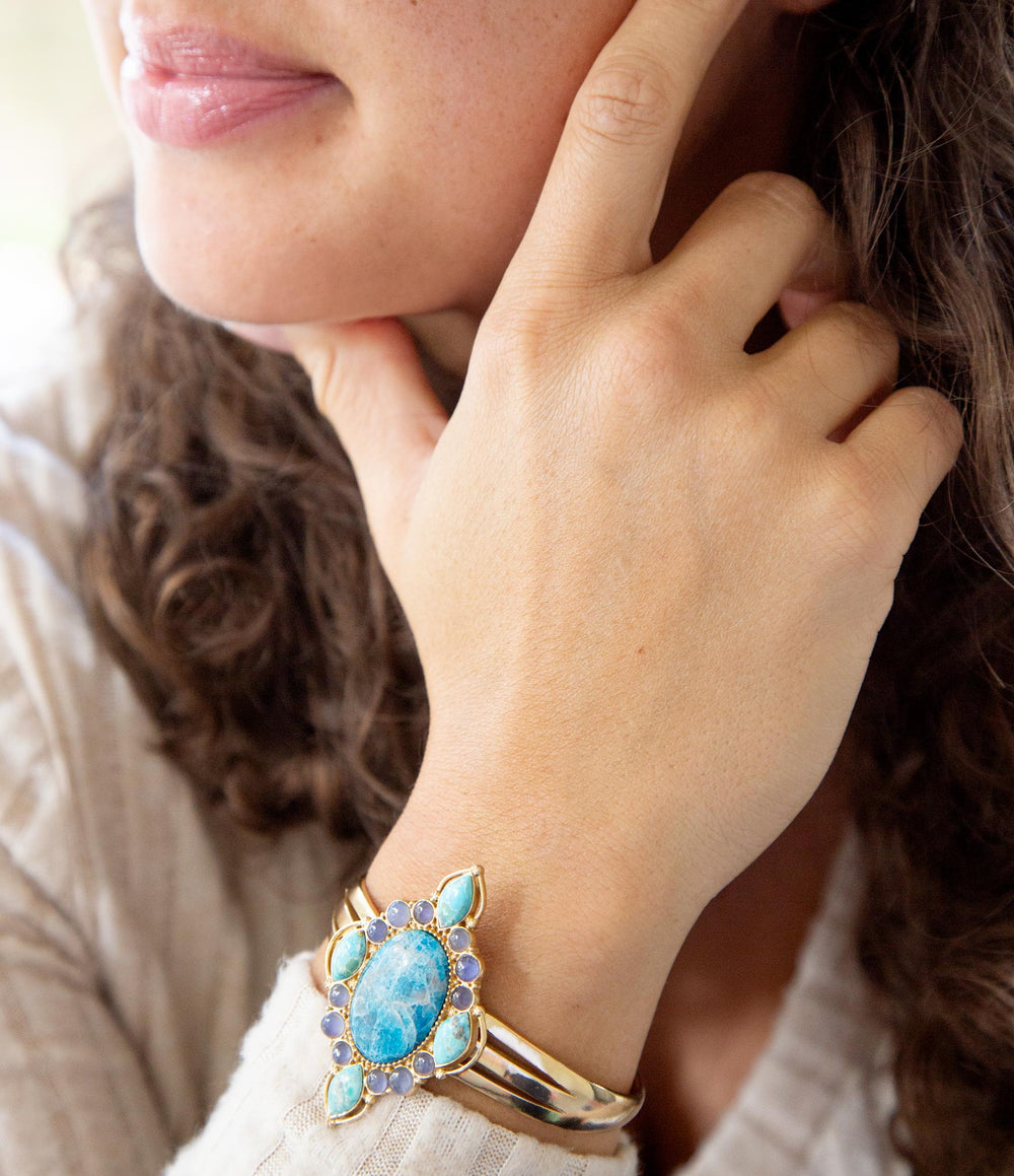 Regal Blue Apatite Mixed Stone Golden Cuff Bracelets from KADOU Boutique