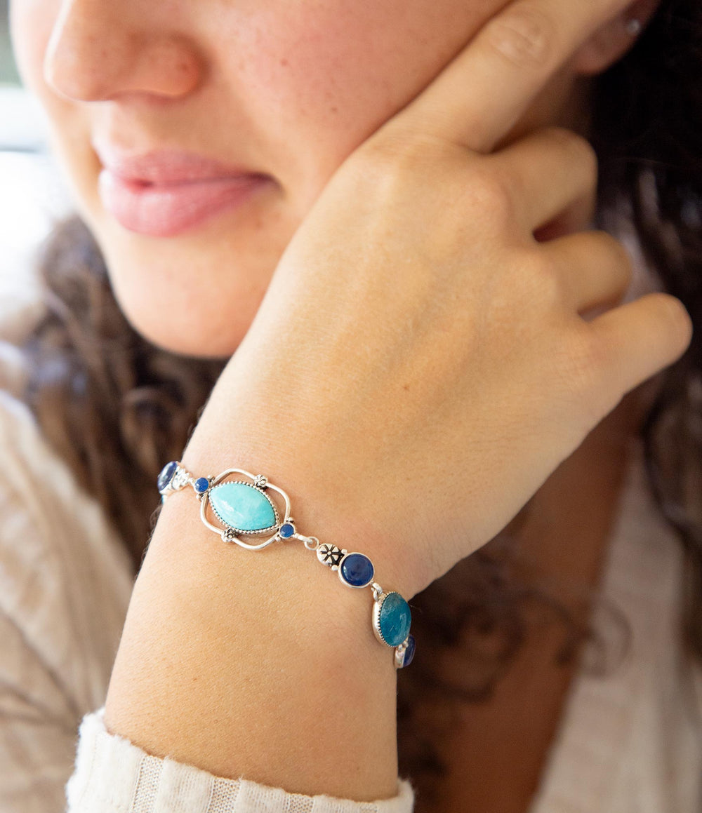 Regal Blue Turquoise and Apatite Sterling Silver Link Bracelet from KADOU Boutique