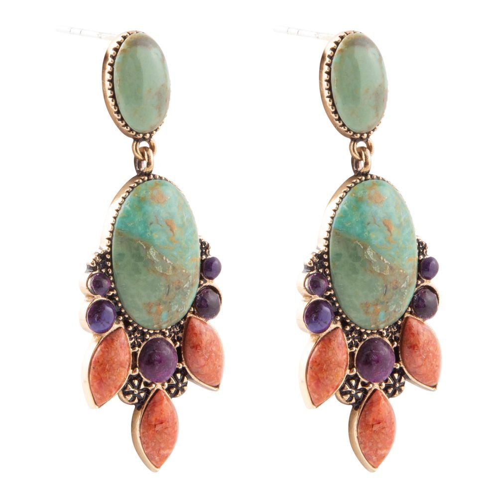 Regalia Blue Turquoise Purple and Orange Coral Golden Post Drop Earrings