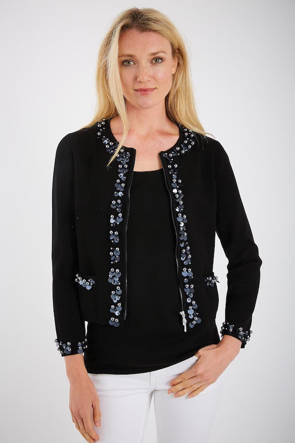 Pima Cotton Half Milano Cardigan w/Beaded Trim Bracelet Length Sleeves 