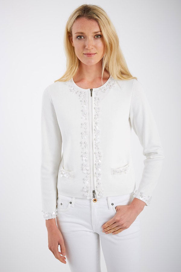 Pima Cotton Half Milano Cardigan w/Beaded Trim Bracelet Length Sleeves 