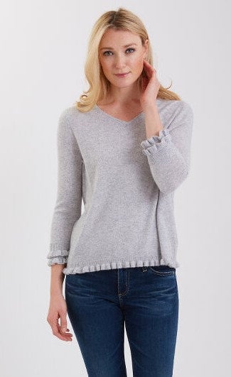 Classic Cashmere V-neck W/ruffle Trims 3/4 Sleeve 