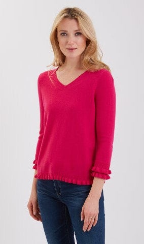 Classic Cashmere V-neck W/ruffle Trims 3/4 Sleeve 