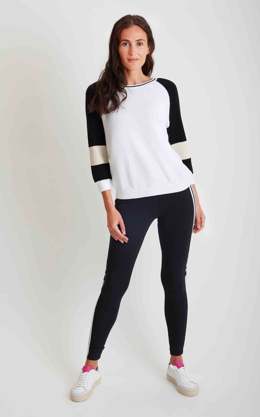 Crew Neck Shaker Stitch Stripe Sleeve 