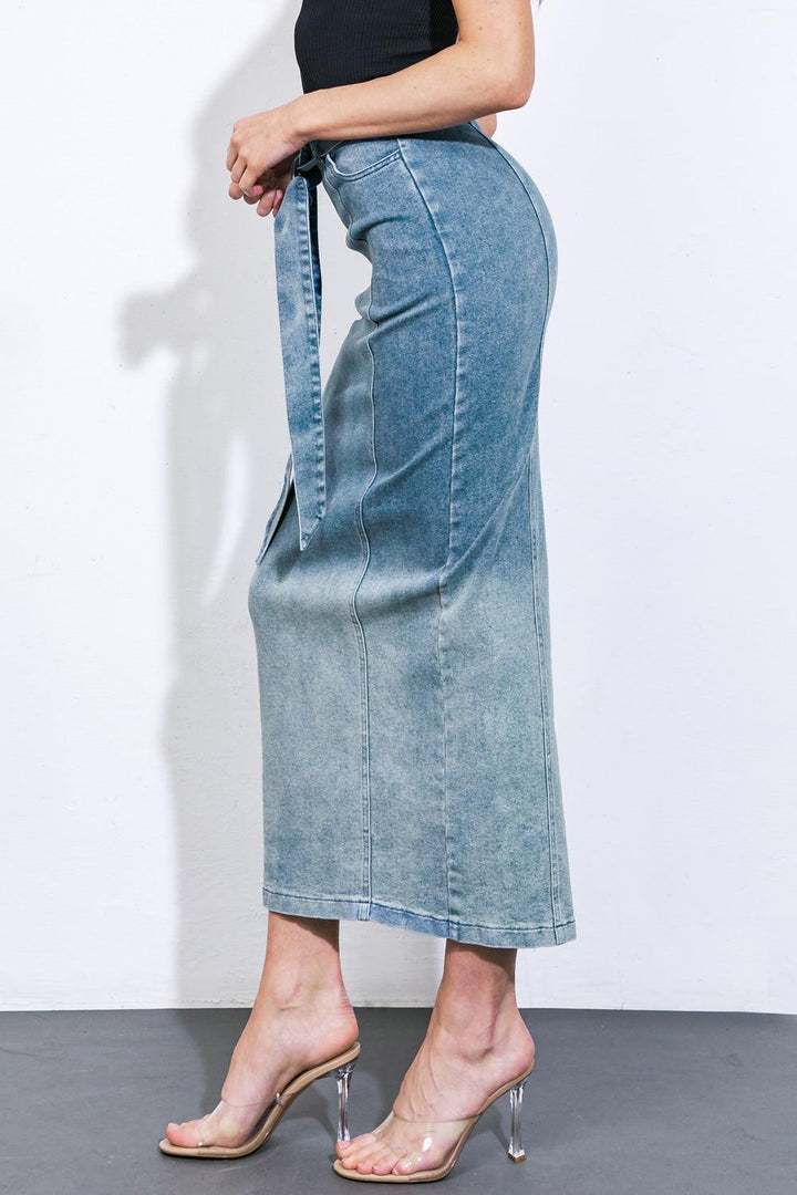The Grass Is Greener Denim Midi Skirt from KADOU Boutique