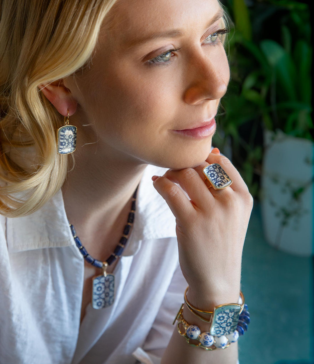 Santorini Cobalt Blue and White Golden Cuff Bracelet