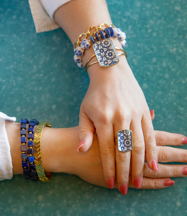 Santorini Cobalt Blue and White Golden Cuff Bracelet