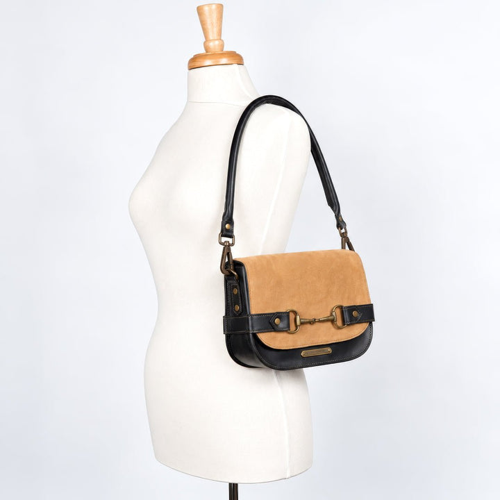 Saratoga- Horse Bit Crossbody Luxury Leather Handbag in Black on Chestnut