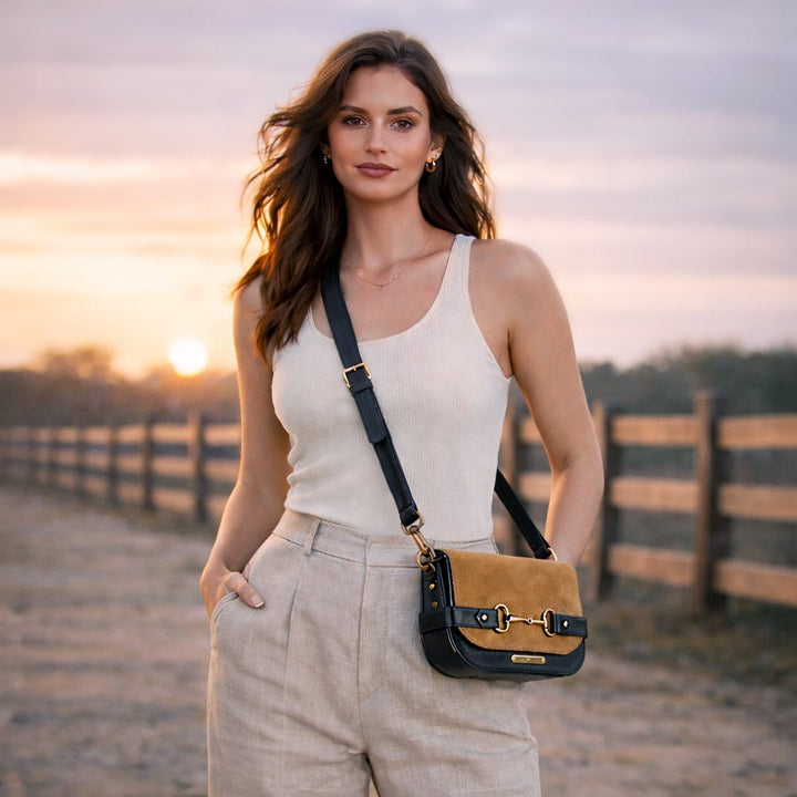 Saratoga- Horse Bit Crossbody Luxury Leather Handbag in Black on Chestnut