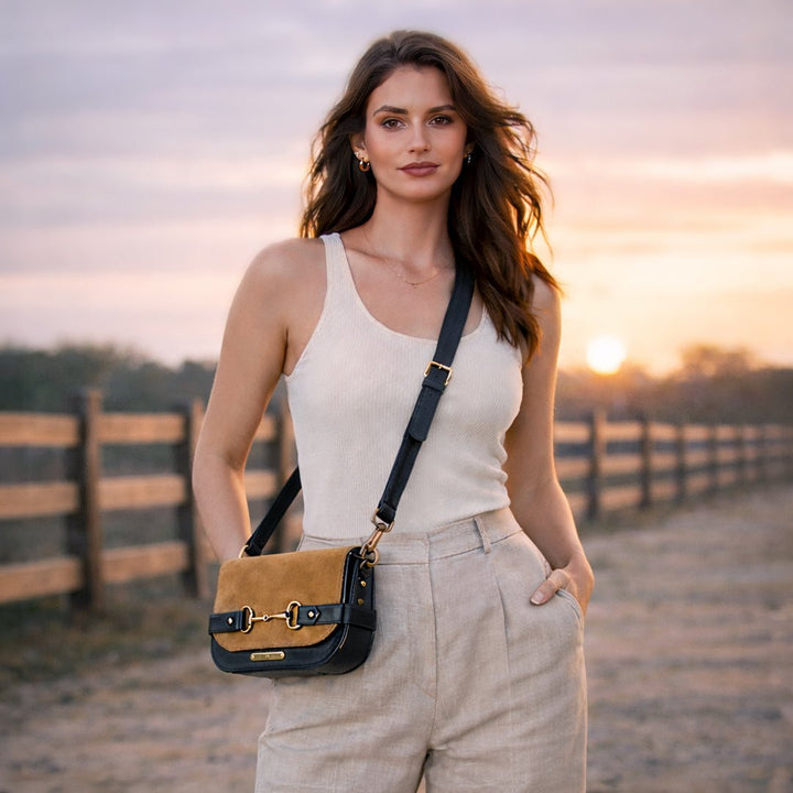 Saratoga- Horse Bit Crossbody Luxury Leather Handbag in Black On Chestnut from KADOU Boutique