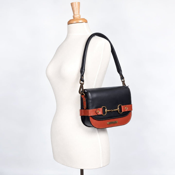 Saratoga- Horse Bit Crossbody Luxury Leather Handbag in Cognac on Black