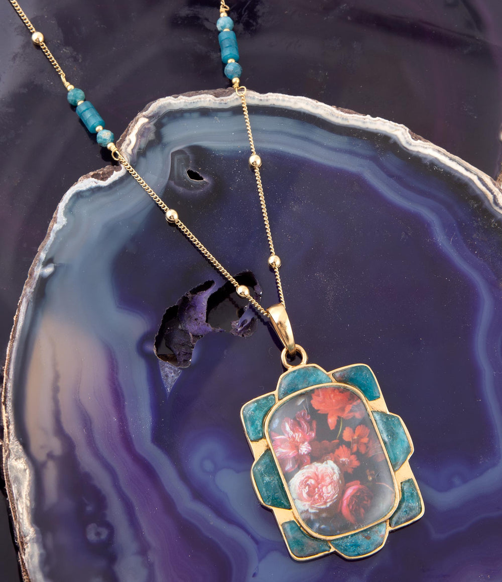 Scenic Red Florals Blue Apatite Golden Pendant Necklace from KADOU Boutique