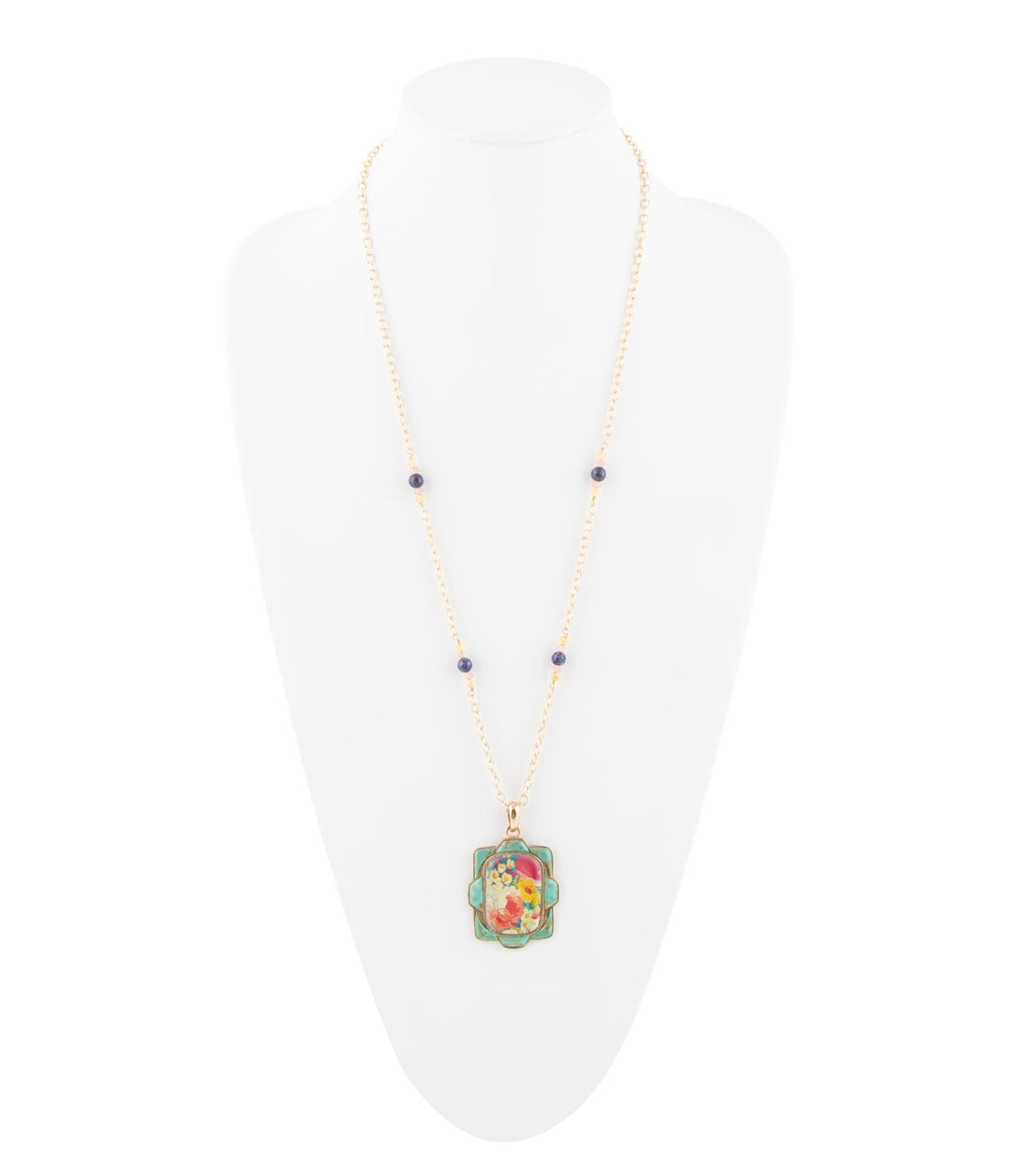 Scenic Floral and Blue Turquoise Golden Pendant Necklace