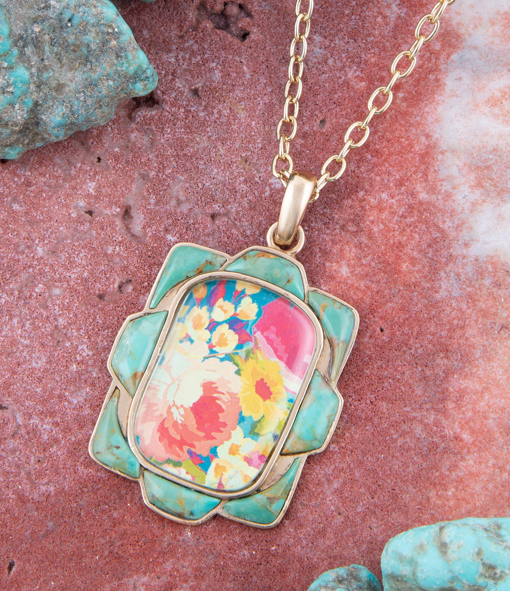 Scenic Floral and Blue Turquoise Golden Pendant Necklace from KADOU Boutique