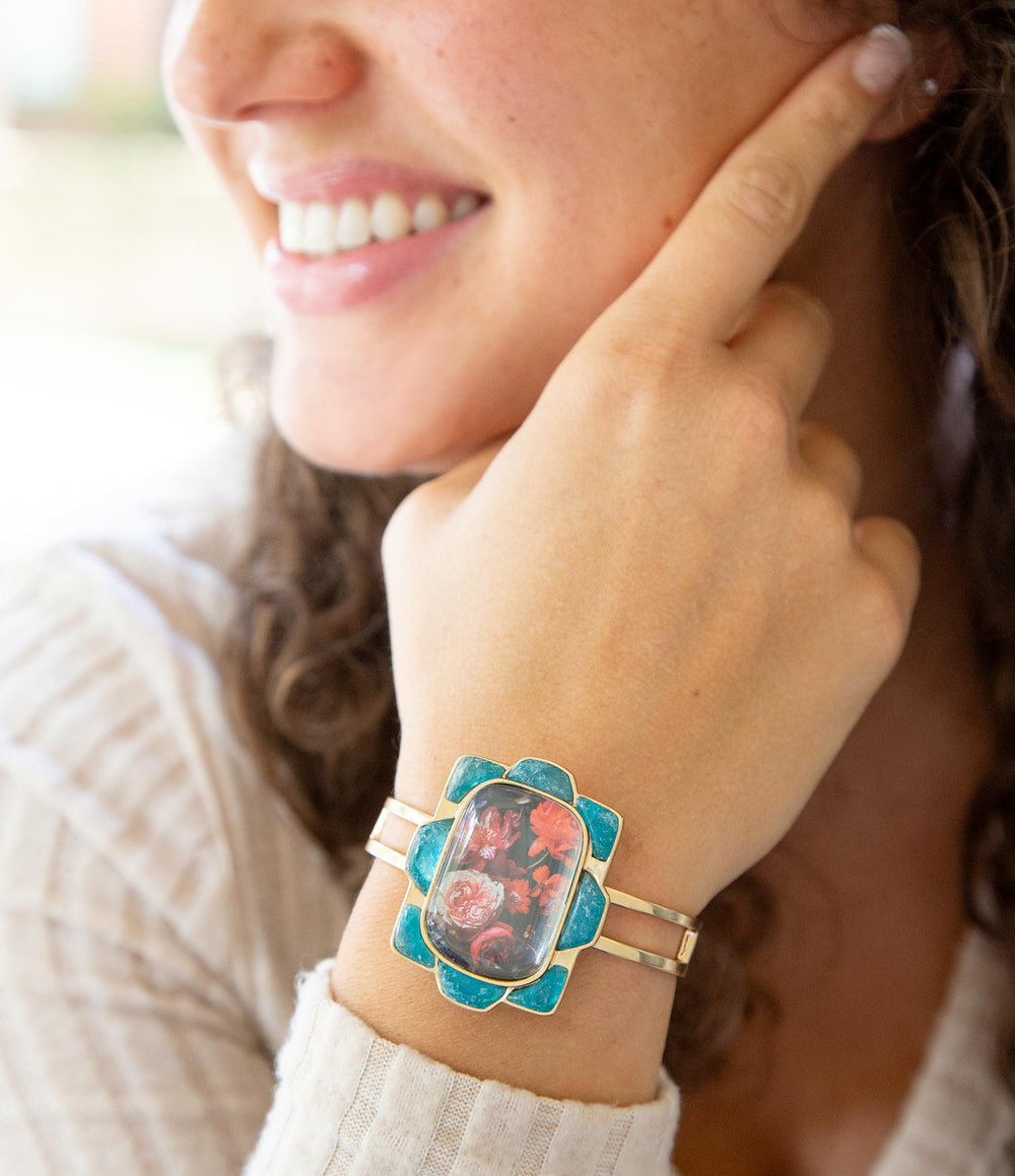 Scenic Red Floral Blue Apatite Golden Cuff Bracelet from KADOU Boutique