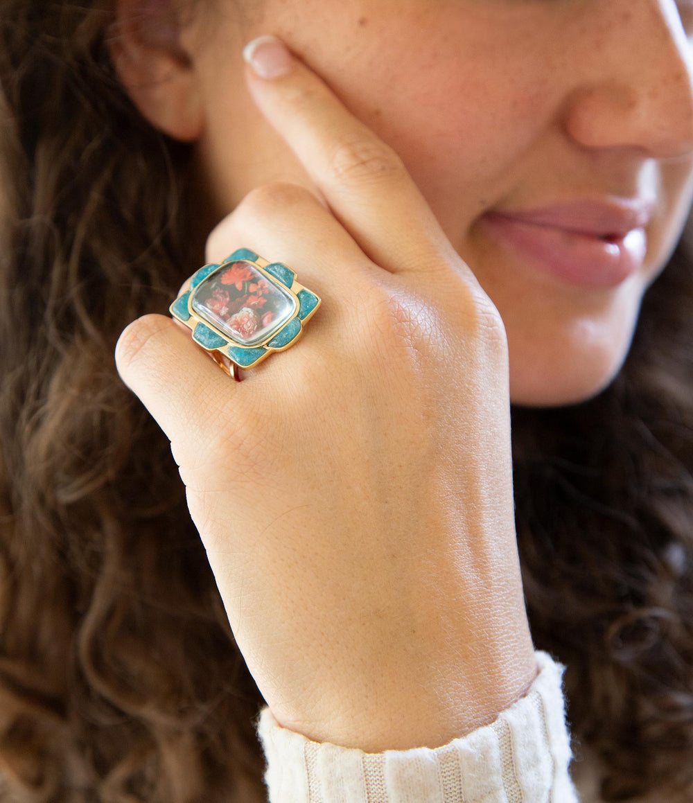 Scenic Red Florals Blue Apatite Golden Statement Ring from KADOU Boutique