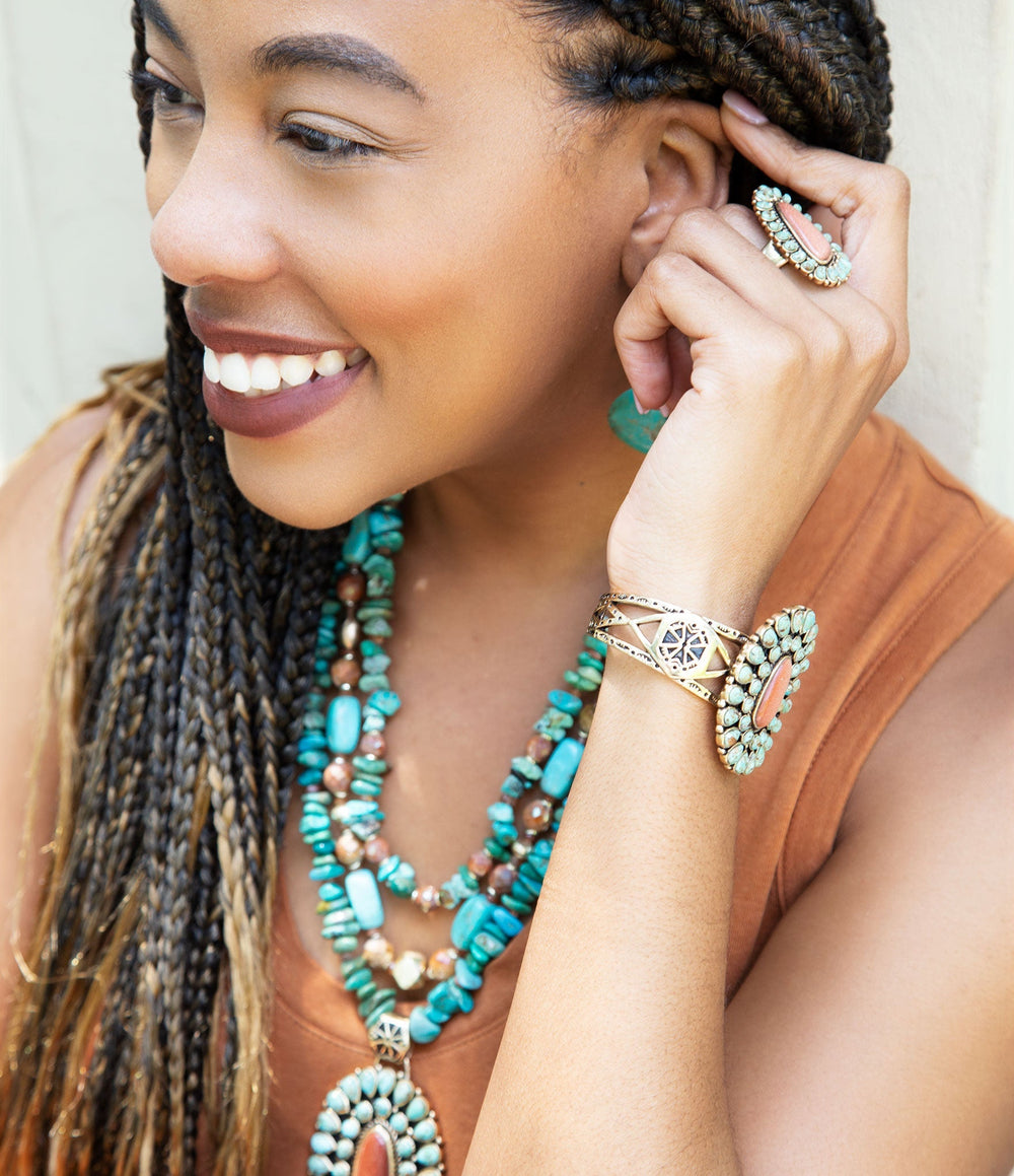 Sedona Blue Turquoise Orange Goldstone Golden Statement Ring from KADOU Boutique