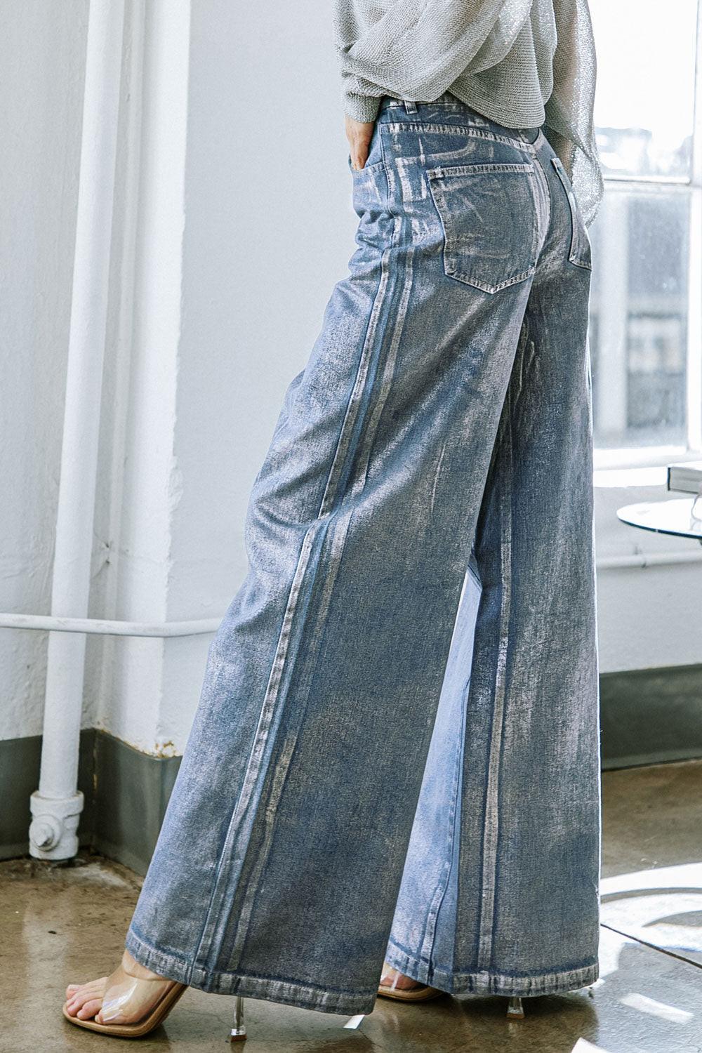 Peace and Joy Foil Coated Denim Pants from KADOU Boutique