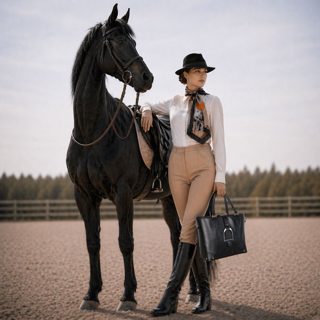 Signature - Riding Stirrup Tote Luxury Leather Handbag in Black
