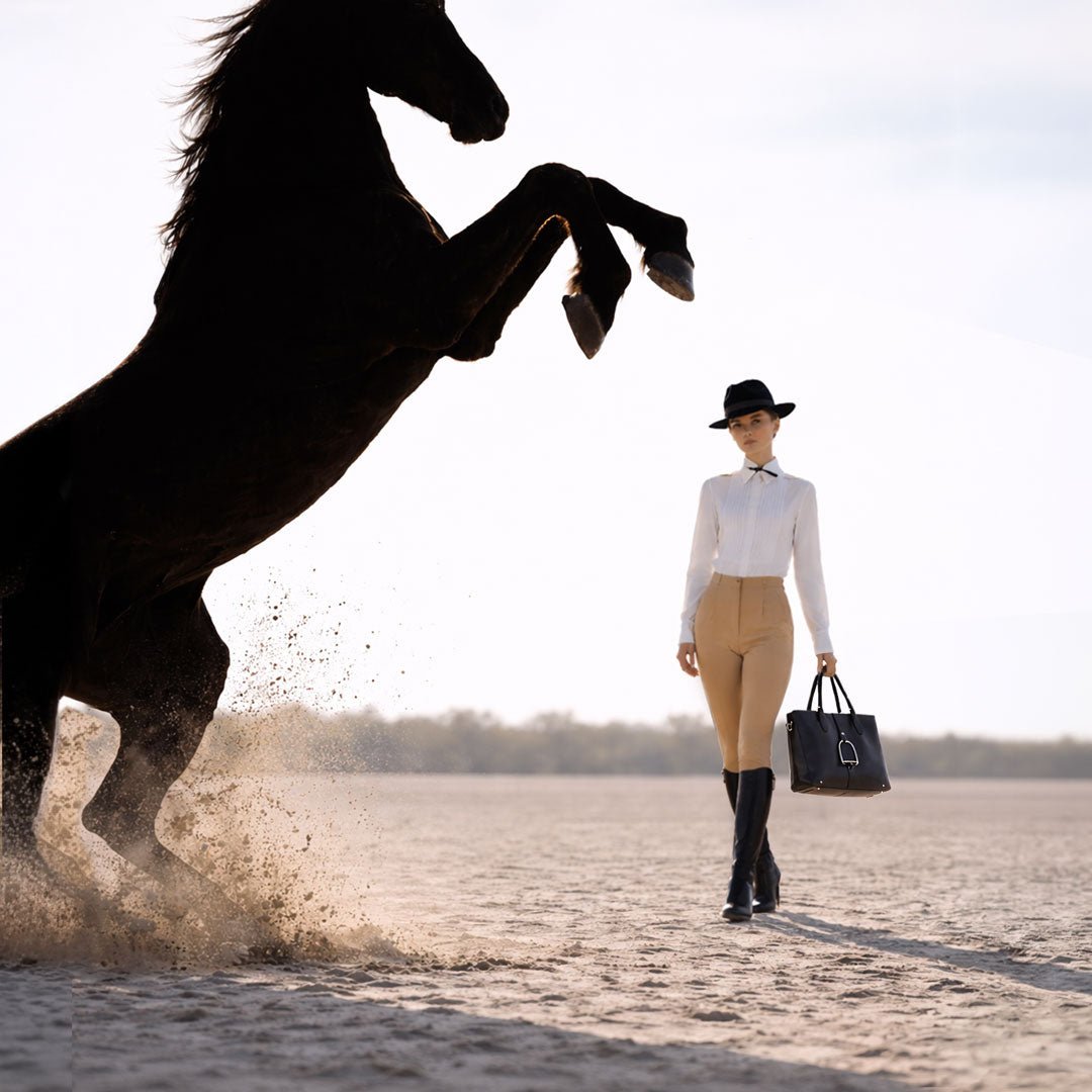 Signature - Riding Stirrup Tote Luxury Leather Handbag in Black