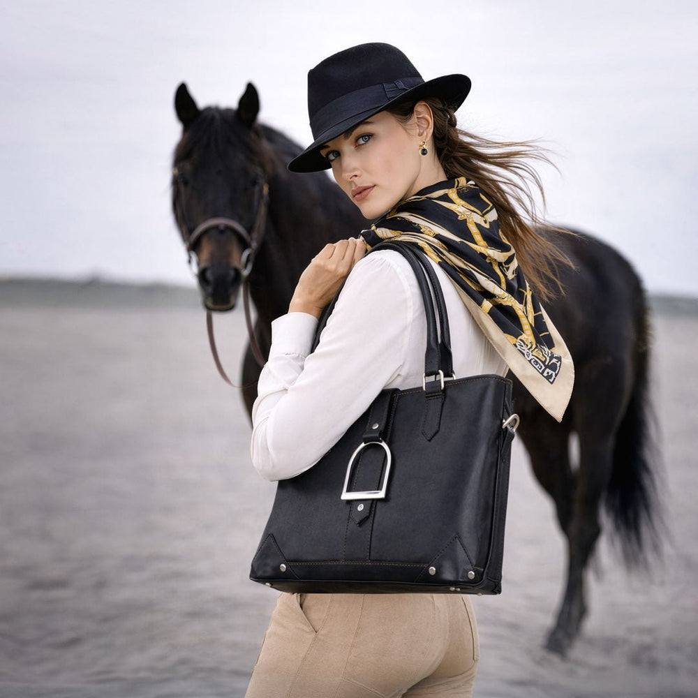 Signature - Riding Stirrup Tote Luxury Leather Handbag in Black from KADOU Boutique