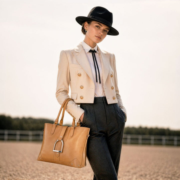 Signature - Riding Stirrup Tote Luxury Leather Handbag in Caramel