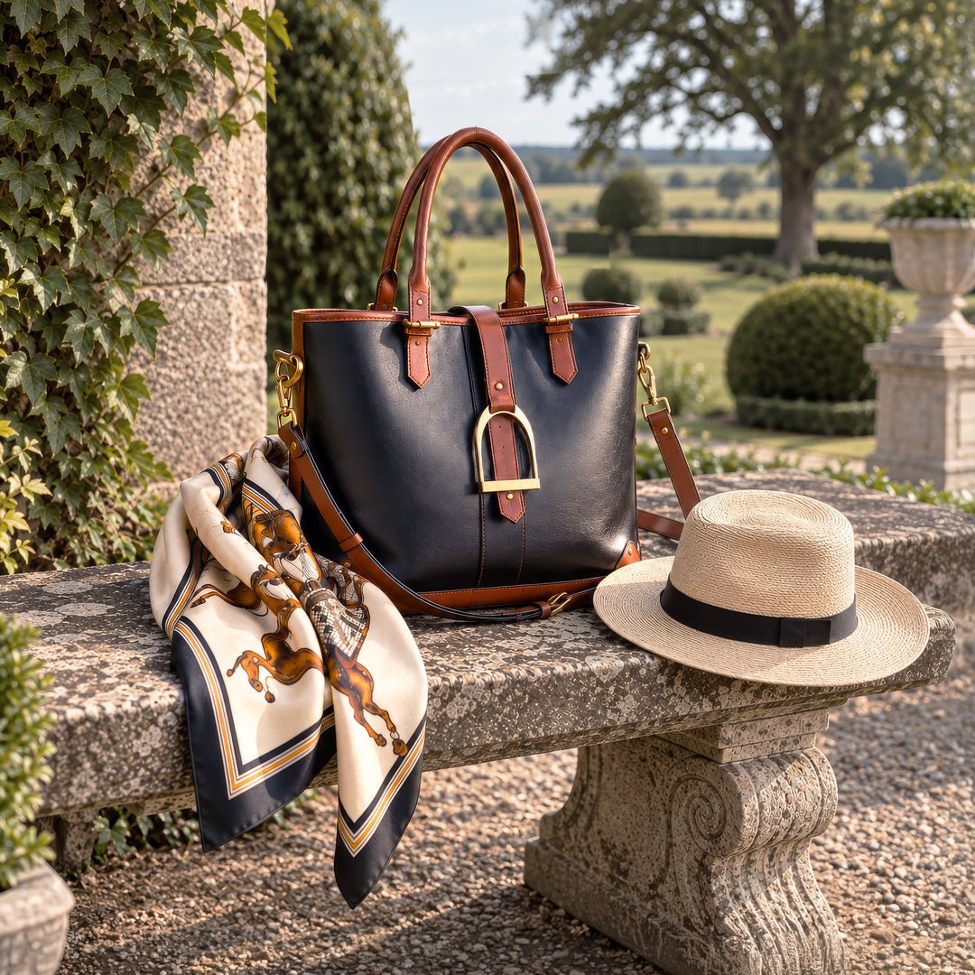 Signature - Riding Stirrup Tote Luxury Leather Handbag in Cognac on Black