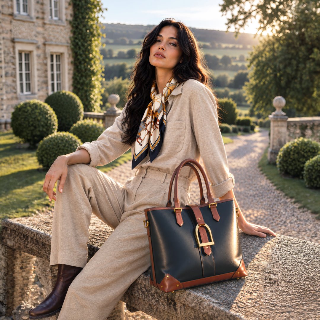 Signature - Riding Stirrup Tote Luxury Leather Handbag in Cognac on Black