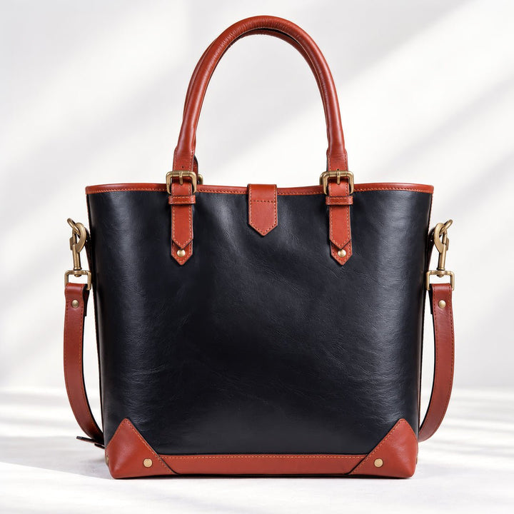Signature - Riding Stirrup Tote Luxury Leather Handbag in Cognac on Black
