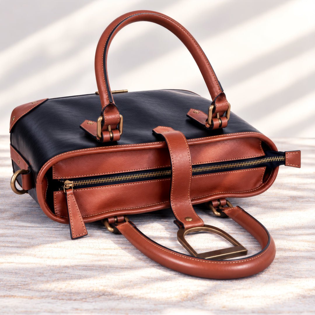 Signature - Riding Stirrup Tote Luxury Leather Handbag in Cognac on Black