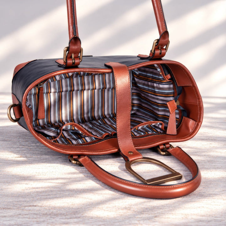Signature - Riding Stirrup Tote Luxury Leather Handbag in Cognac on Black