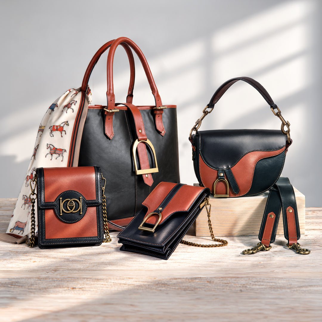 Signature - Riding Stirrup Tote Luxury Leather Handbag in Cognac on Black