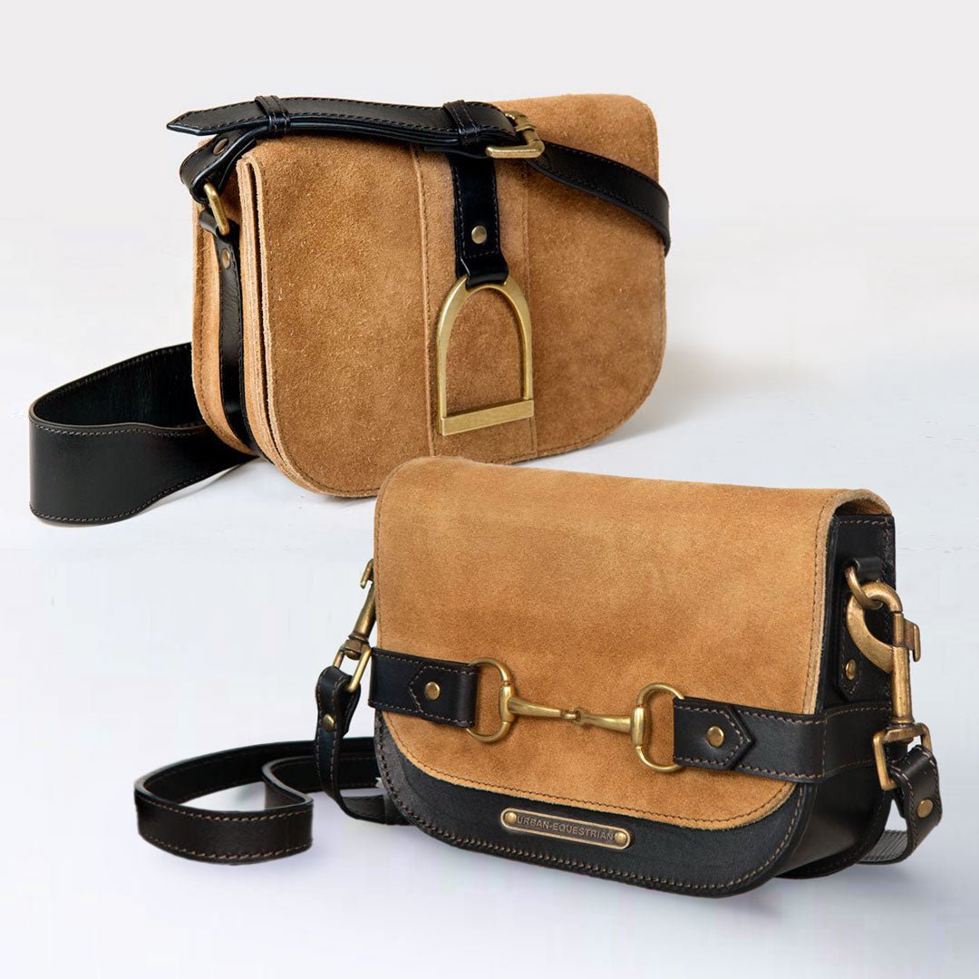 Signature Stirrup - Riding Stirrup Crossbody Luxury Leather Handbag in Black on Chestnut