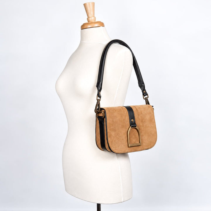 Signature Stirrup - Riding Stirrup Crossbody Luxury Leather Handbag in Black on Chestnut
