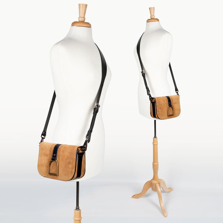 Signature Stirrup - Riding Stirrup Crossbody Luxury Leather Handbag in Black on Chestnut