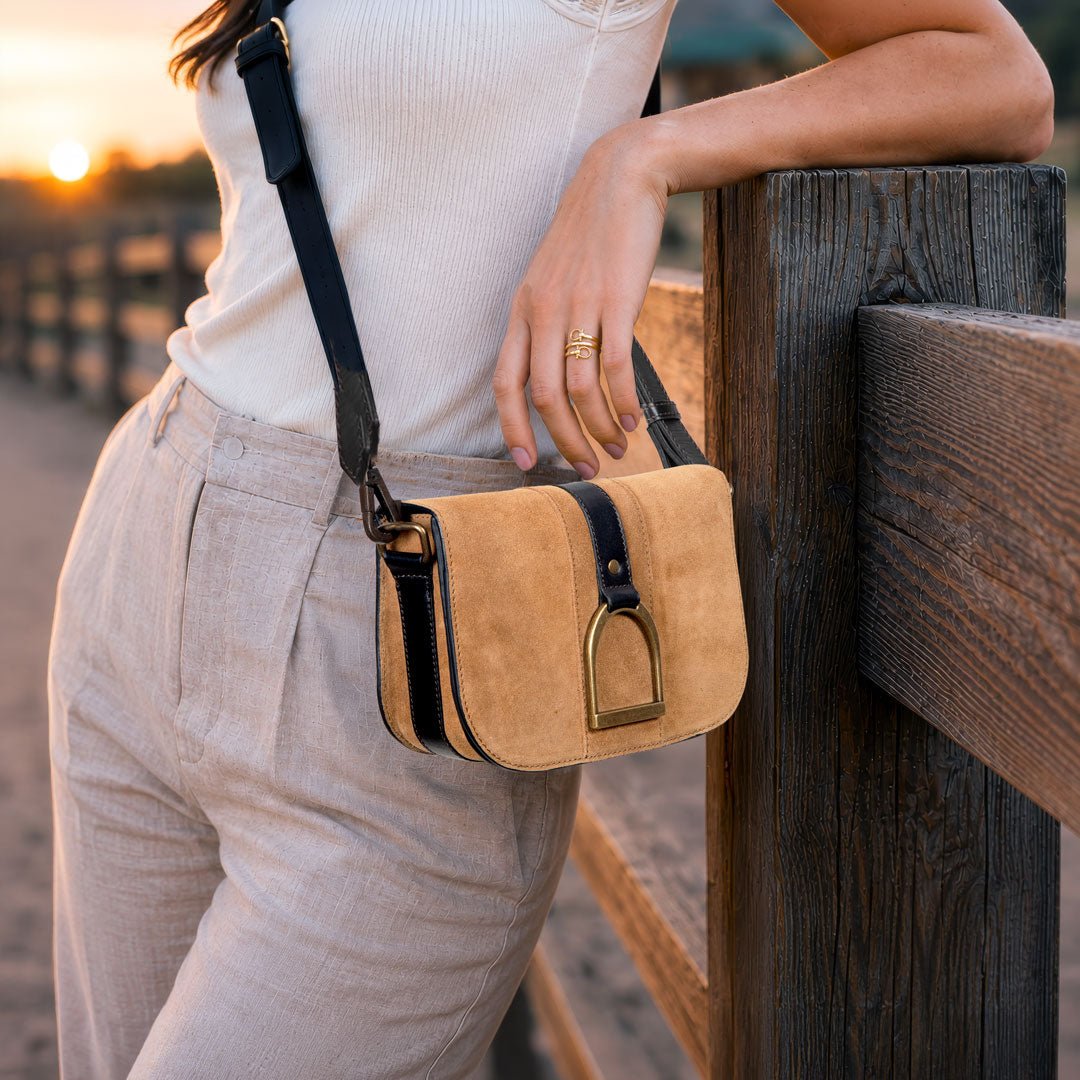 Signature Stirrup - Riding Stirrup Crossbody Luxury Leather Handbag in Black On Chestnut from KADOU Boutique