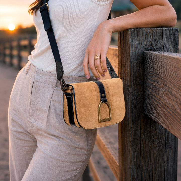 Signature Stirrup - Riding Stirrup Crossbody Luxury Leather Handbag in Black On Chestnut from KADOU Boutique