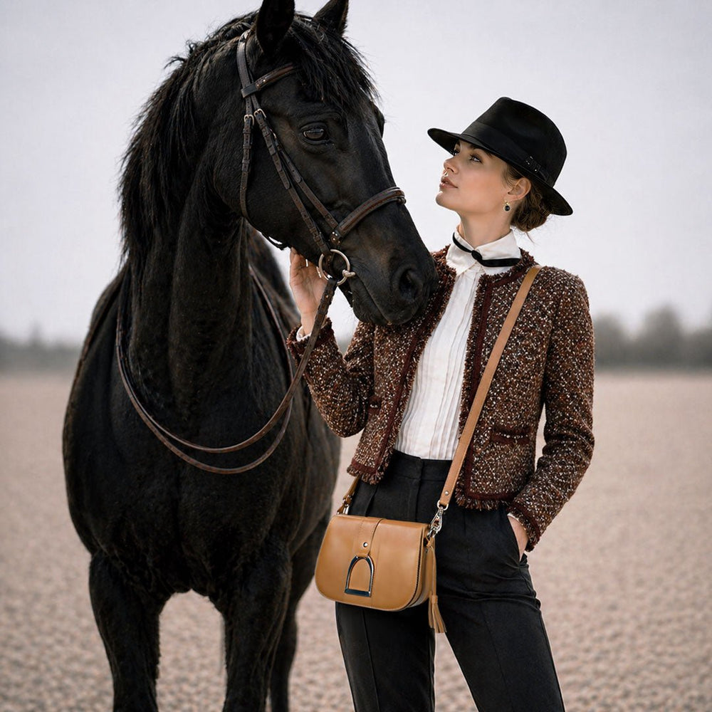 Signature Stirrup - Riding Stirrup Crossbody Luxury Leather Handbag in Caramel from KADOU Boutique