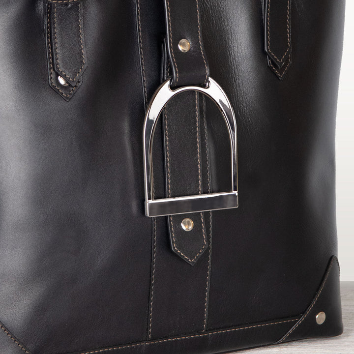 Signature - Riding Stirrup Tote Luxury Leather Handbag in Black