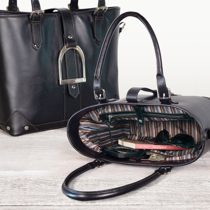 Signature - Riding Stirrup Tote Luxury Leather Handbag in Black