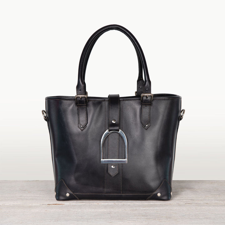 Signature - Riding Stirrup Tote Luxury Leather Handbag in Black