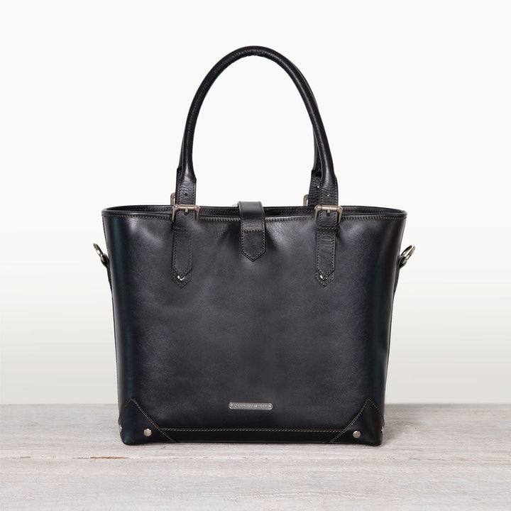 Signature - Riding Stirrup Tote Luxury Leather Handbag in Black