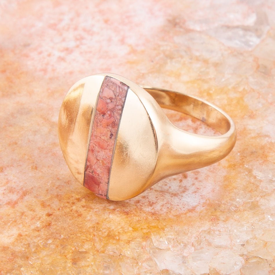 Signet Orange Sponge Coral and Golden Circle Ring from KADOU Boutique