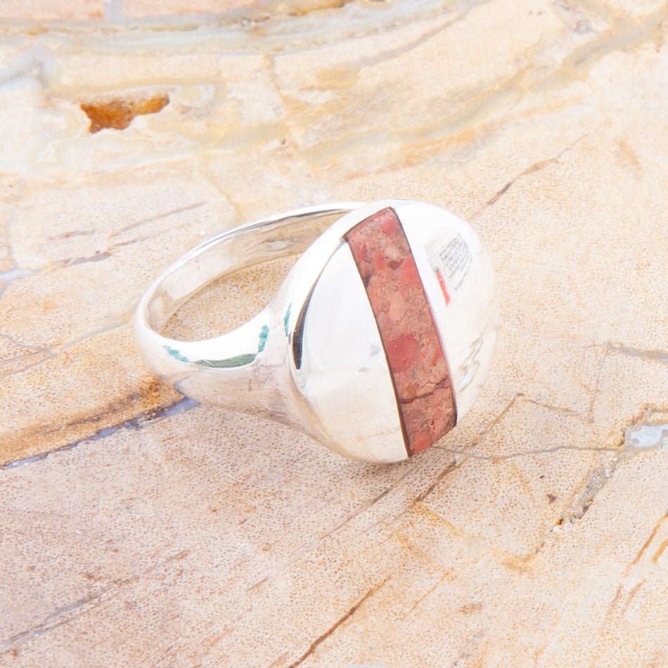Signet Orange Sponge Coral and Sterling Silver Circle Ring from KADOU Boutique