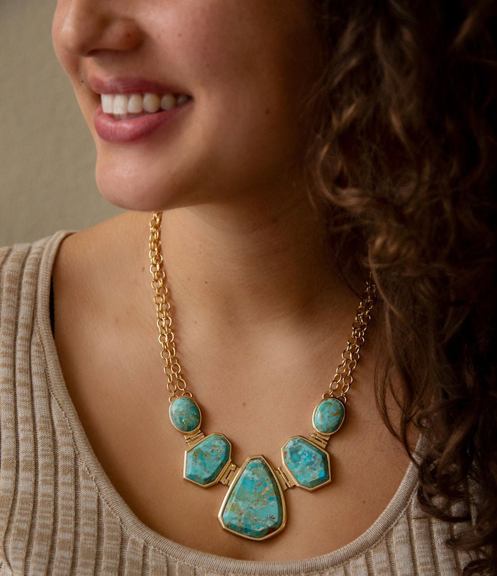 Slabs of Blue Turquoise Golden Statement Necklace from KADOU Boutique