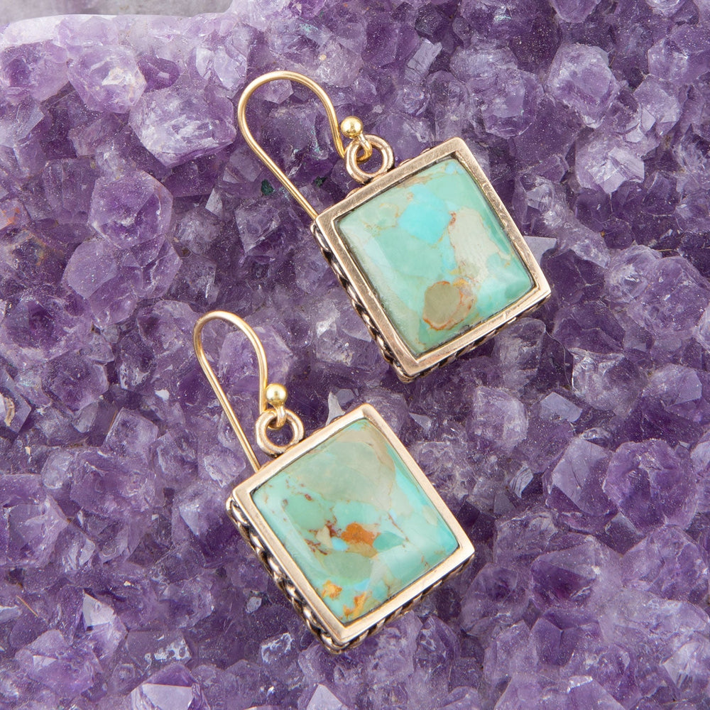 Squared Up Blue Turquoise Golden Drop Earrings from KADOU Boutique