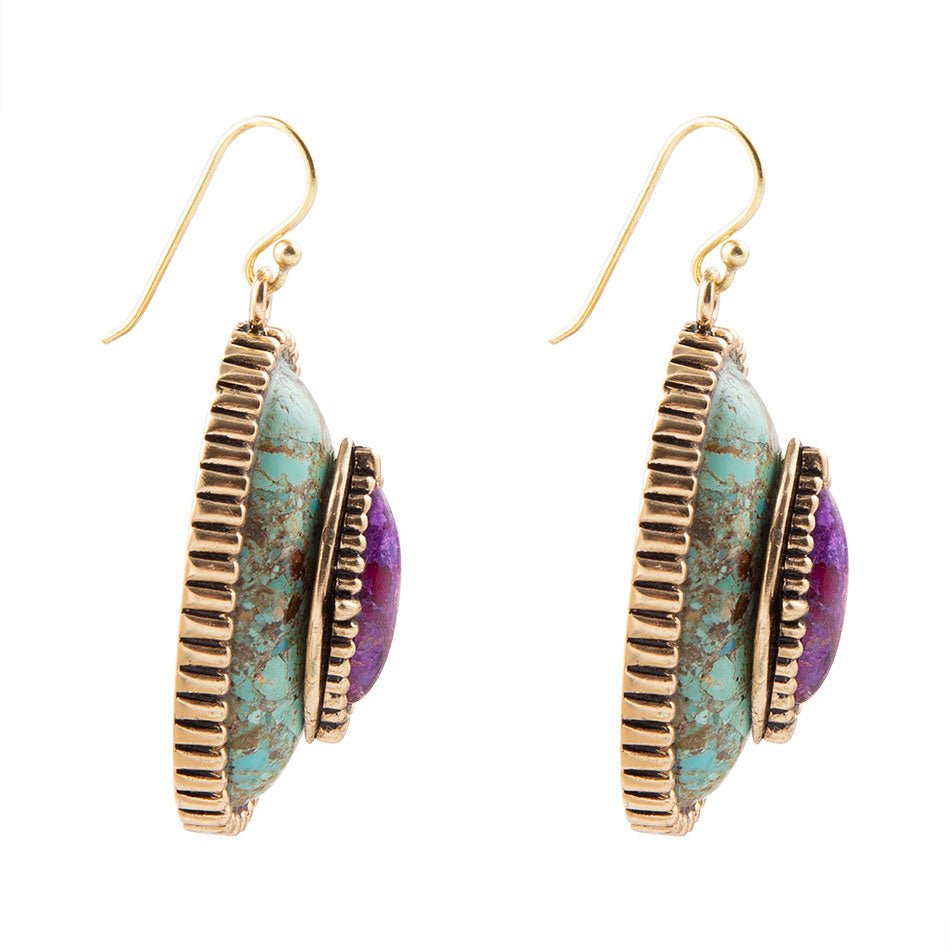 Stacked Stone Blue and Purple Turquoise Golden Drop Earrings from KADOU Boutique