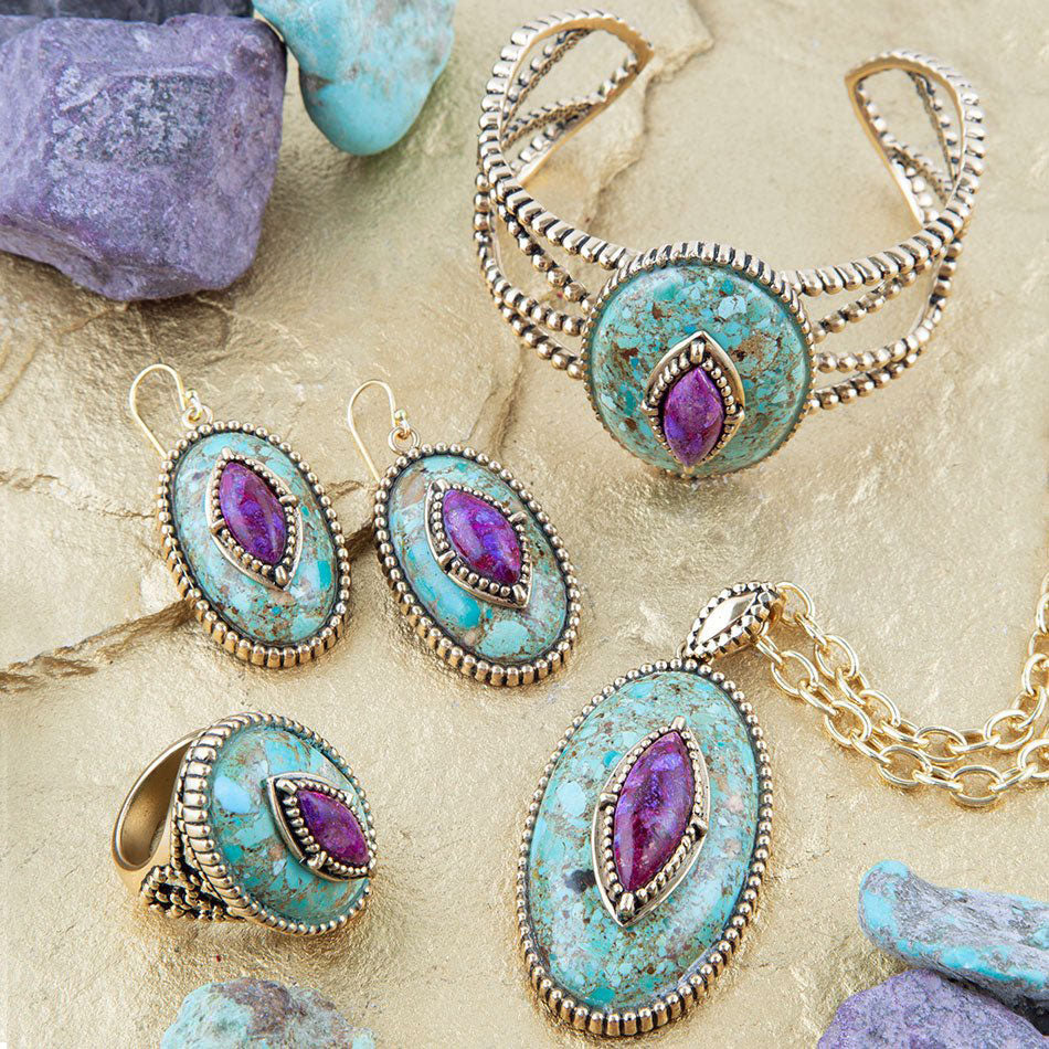 Stacked Stone Blue and Purple Turquoise Golden Drop Earrings from KADOU Boutique