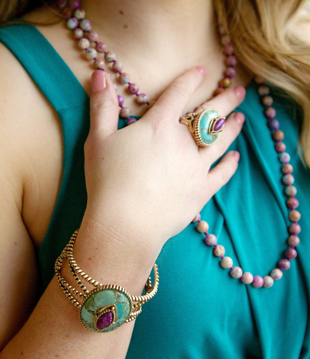 Stacked Stone Blue and Purple Turquoise Golden Ring from KADOU Boutique