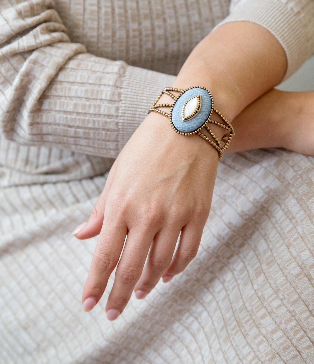 Blue Denim Dreams White Mother of Pearl Golden Cuff Bracelet from KADOU Boutique
